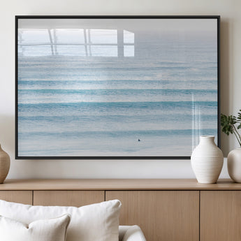 77145995-MGV-FP-36X24-3P_Black-Ocean Simplicity Wall Art Canvas Print, Framed Surfer on Water Art Picture Print, Light Blue Perfect Coastal Minimalist Decor