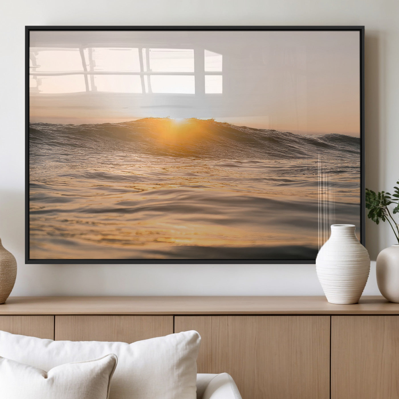 16973771-MGV-FP-60X30-3P_Black-Calm Water Wall Art Canvas Print, Framed Sunset Waves Art Picture Print, Coastal Warmth Perfect Warm Minimalist Decor Artwork