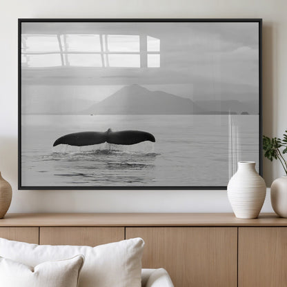 30524220-MGV-FP-36X24-3P_Black-Whale Tail Wall Art Canvas Print, Framed Black White Ocean Art Picture Print, Calm Marine Perfect Minimalist Coastal Decor Artwork