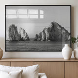 18810731-MGV-FP-36X24-3P_Black-Rugged Coastline Wall Art Canvas Print, Framed Ocean Cliffs Art Picture Print, Monochrome Seascape Perfect Coastal Minimalist
