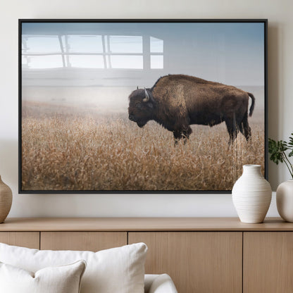 99620201-MGV-FP-36X24-3P_Black-Wild Bison Wall Art Canvas Print, Framed Bison in Prairie Art Picture Print, Rustic Western Perfect Rustic Western Decor Artwork