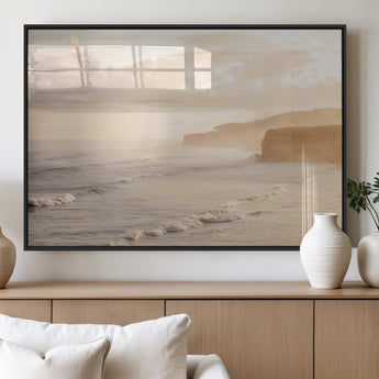 57669769-MGV-FP-60X30-3P_Black-Misty Coastal Wall Art Canvas Print, Framed Golden Sunset Art Picture Print, Serene Shoreline Perfect Tranquil Coastal Decor
