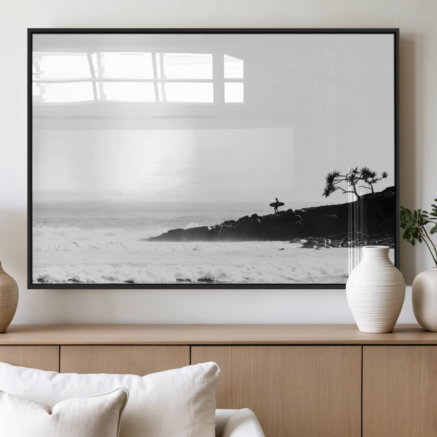 40875891-MGV-FP-60X30-3P_Black-SurferCliffs Wall Art Canvas Print, Framed Black White Beach Art Picture Print, Ocean Waves Perfect Minimalist Coastal Decor