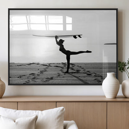 28441356-MGV-FP-60X30-3P_Black-Yoga Surf Wall Art Canvas Print, Framed Black White Shore Art Picture Print, Peaceful Ocean Perfect Minimalist Coastal Decor