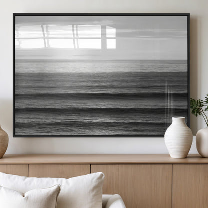 47305203-MGV-FP-60X30-3P_Black-Monochrome Ocean Wall Art Canvas Print, Framed Moody Ocean Art Picture Print, Calm Ocean Perfect Minimalist Coastal Decor Artwork