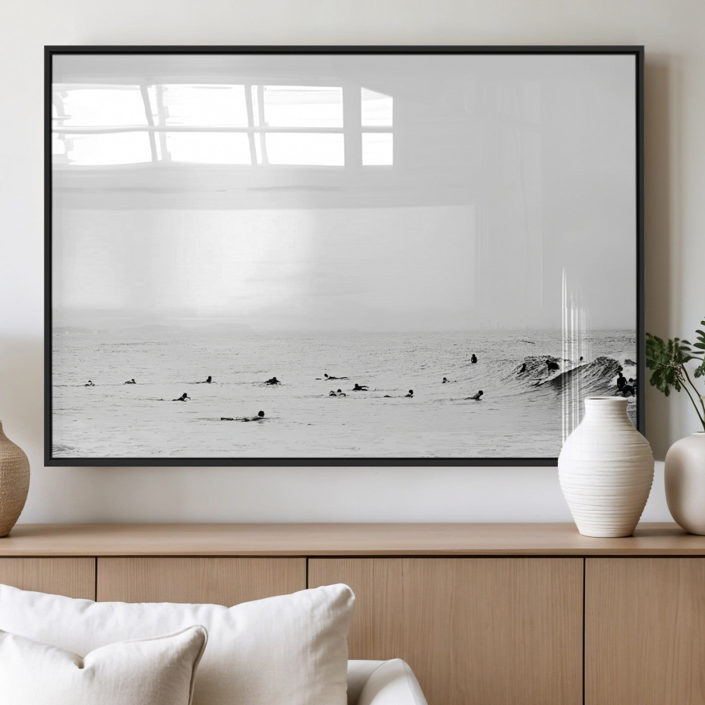 38441169-MGV-FP-60X30-3P_Black-Monochrome Swimming Wall Art Canvas Print, Framed Ocean Horizon Art Picture Print, Moody Coastal Perfect Minimalist Coastal Decor