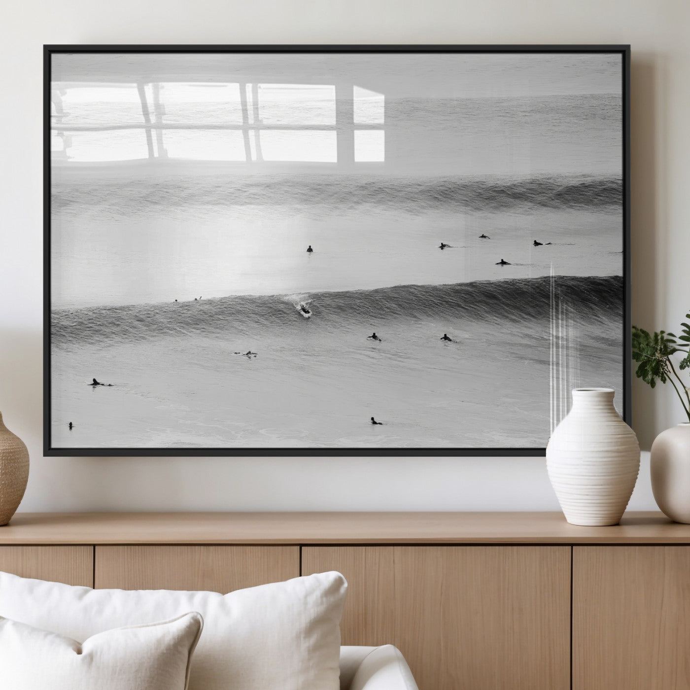 54291445-MGV-FP-36X24-3P_Black-Black White Ocean Wall Art Canvas Print, Framed Coastal Sport Art Picture Print, Ocean Culture Perfect Minimalist Coastal Decor