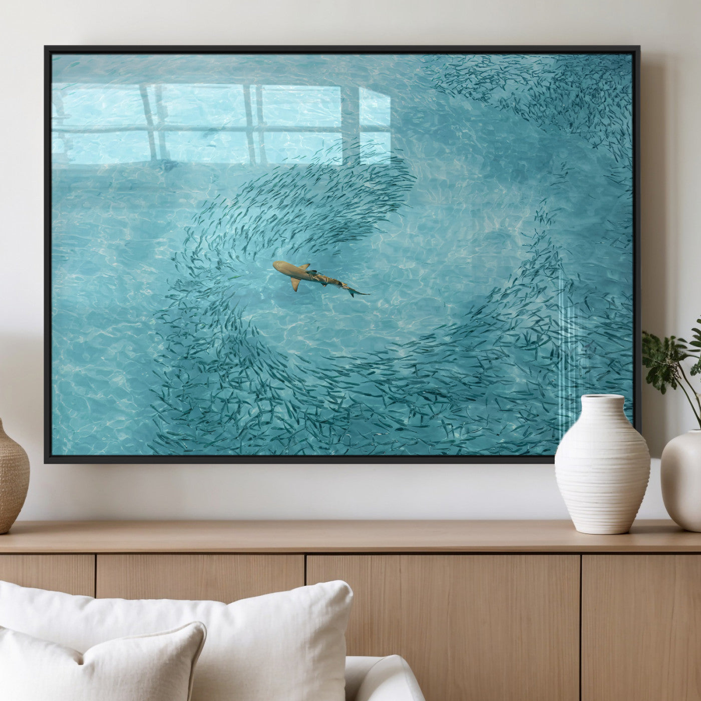 43671474-MGV-FP-36X24-3P_Black-Fish Swarm Wall Art Canvas Print, Framed Marine Life Art Picture Print, Shark Aerial Perfect Wildlife Coastal Decor Artwork