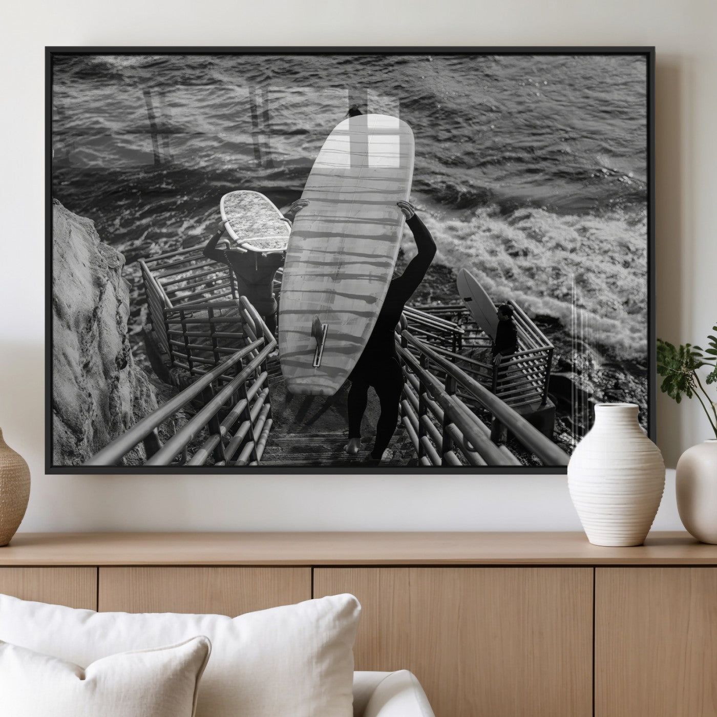 32353707-MGV-FP-60X30-3P_Black-Black White Surfing Wall Art Canvas Print, Framed Coastal Surfing Art Picture Print, Wave Riders Perfect Coastal Adventure Decor