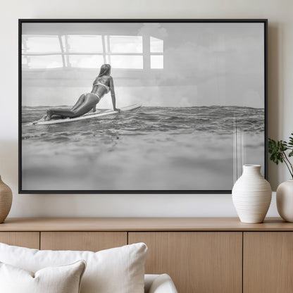 69798068-MGV-FP-60X30-3P_Black-Black White Surfing Wall Art Canvas Print, Framed Ocean Horizon Art Picture Print, Surfer Girl Perfect Coastal Adventure Decor