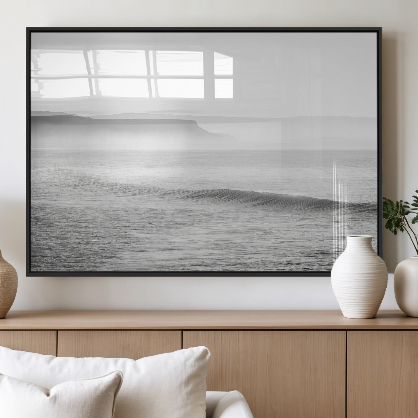 60635783-MGV-FP-36X24-3P_Black-Black White Seascape Wall Art Canvas Print, Framed Ocean Waves Art Picture Print, Misty Coastal Perfect Minimalist Coastal Decor