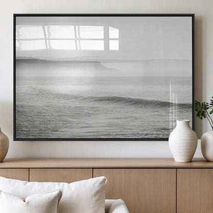 60635783-MGV-FP-36X24-3P_Black-Black White Seascape Wall Art Canvas Print, Framed Ocean Waves Art Picture Print, Misty Coastal Perfect Minimalist Coastal Decor