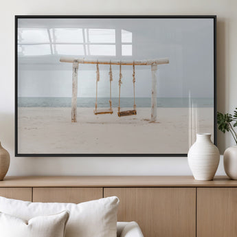 68327283-MGV-FP-60X30-3P_Black-Beach Swing Wall Art Canvas Print, Framed Quiet Beach Art Picture Print, Calm Shoreline Perfect Bohemian Coastal Decor Artwork