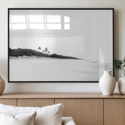 29611516-MGV-FP-60X30-3P_Black-Black White Beach Wall Art Canvas Print, Framed Palm Trees Art Picture Print, Monochrome Tropical Perfect Minimalist Coastal Decor