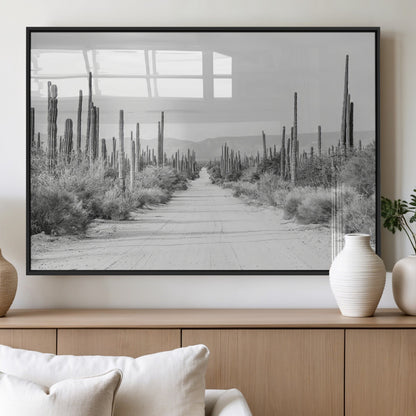 35537313-MGV-FP-36X24-3P_Black-Monochrome Desert Wall Art Canvas Print, Framed Cactus Path Art Picture Print, Southwestern Landscape Perfect Southwestern
