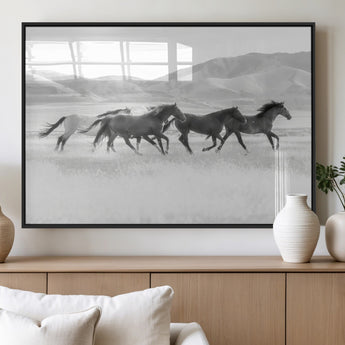 69934913-MGV-FP-36X24-3P_Black-Wild Horses Running Wall Art Canvas Print, Framed Black White Mustangs Art Picture Print, Rustic Western Perfect Rustic Western