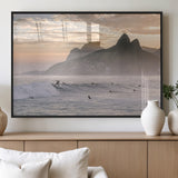 70644906-MGV-FP-60X30-3P_Black-Sunset Surfing Wall Art Canvas Print, Framed Misty Mountains Art Picture Print, Surfer Riding Wave Perfect Coastal Adventure Decor