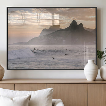 70644906-MGV-FP-60X30-3P_Black-Sunset Surfing Wall Art Canvas Print, Framed Misty Mountains Art Picture Print, Surfer Riding Wave Perfect Coastal Adventure Decor