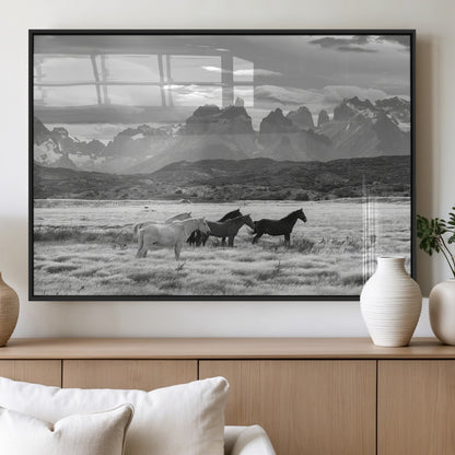 21655040-MGV-FP-60X30-3P_Black-Wild Horses Wall Art Canvas Print, Framed Black White Mountains Art Picture Print, Rustic Countryside Perfect Rustic Western Decor