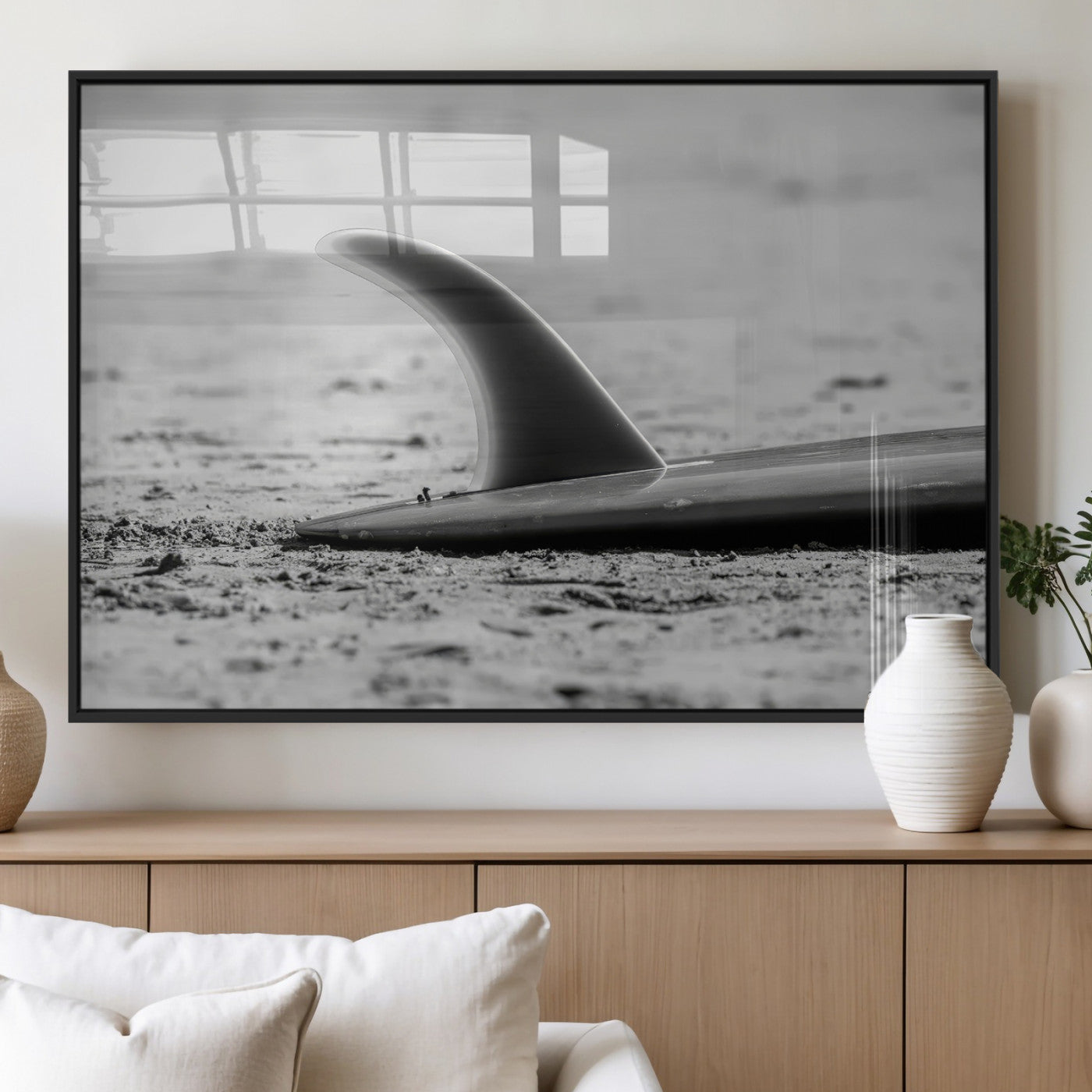 62314230-MGV-FP-36X24-3P_Black-Black White Surfboard Wall Art Canvas Print, Framed Minimalist Beach Art Picture Print, Surf Fin Perfect Minimalist Coastal Decor