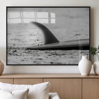 62314230-MGV-FP-36X24-3P_Black-Black White Surfboard Wall Art Canvas Print, Framed Minimalist Beach Art Picture Print, Surf Fin Perfect Minimalist Coastal Decor