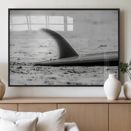 62314230-MGV-FP-36X24-3P_Black-Black White Surfboard Wall Art Canvas Print, Framed Minimalist Beach Art Picture Print, Surf Fin Perfect Minimalist Coastal Decor