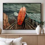 84555848-MGV-FP-60X30-3P_Black-Surfer Stairway Wall Art Canvas Print, Framed Ocean Surf Art Picture Print, Sunset Coastal Perfect Coastal Adventure Decor Artwork
