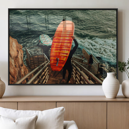 84555848-MGV-FP-60X30-3P_Black-Surfer Stairway Wall Art Canvas Print, Framed Ocean Surf Art Picture Print, Sunset Coastal Perfect Coastal Adventure Decor Artwork