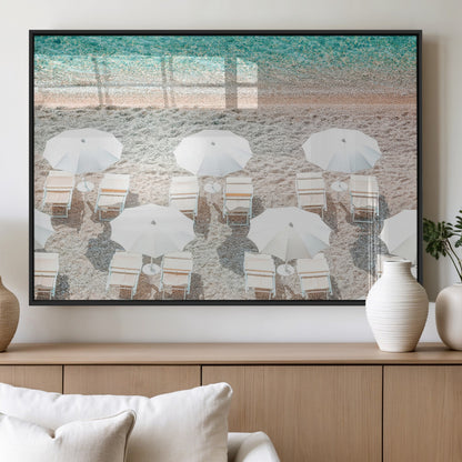 83736167-MGV-FP-60X30-3P_Black-Calm Beach Wall Art Canvas Print, Framed Turquoise Water Art Picture Print, Umbrella Shoreline Perfect Coastal Minimalist Decor