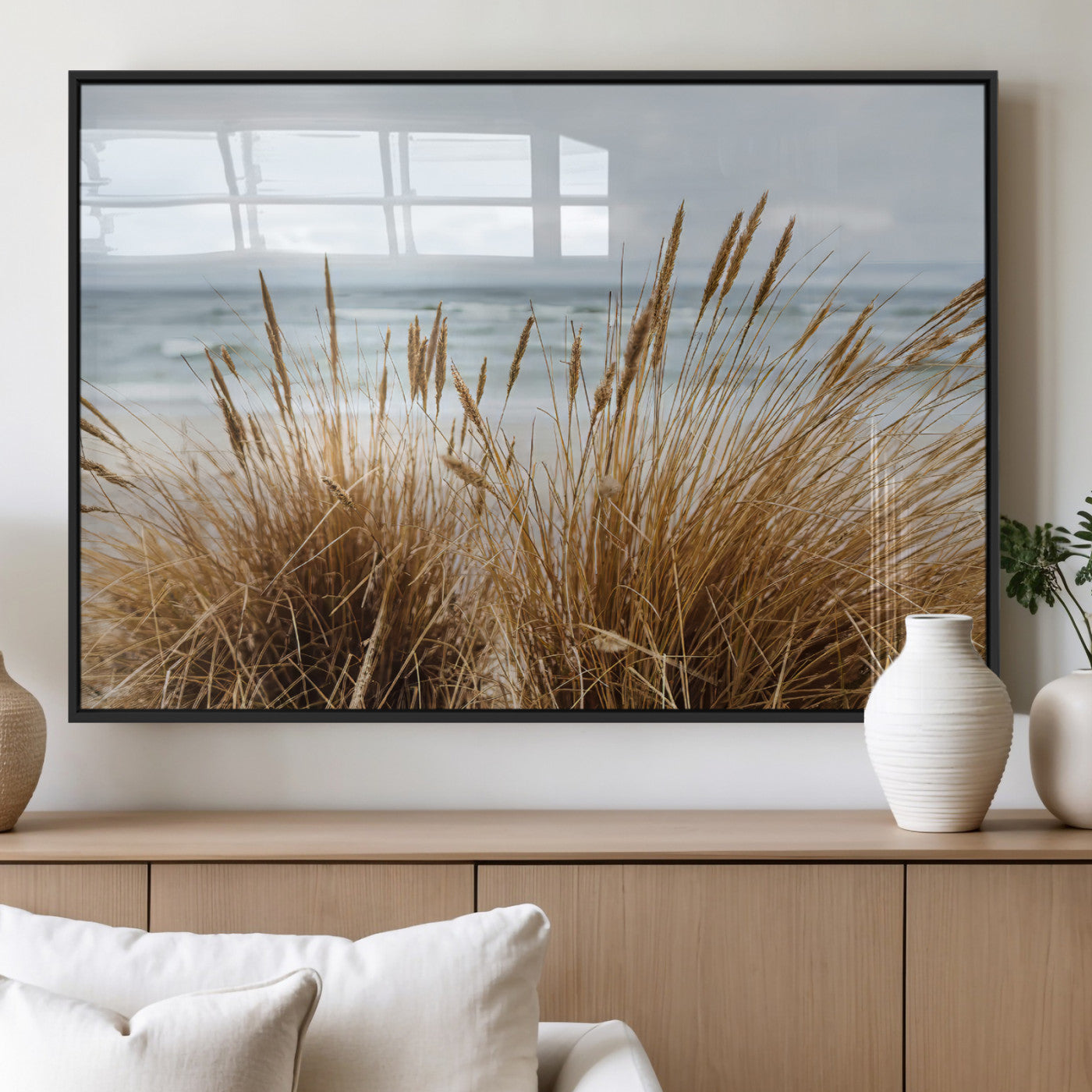 14270839-MGV-FP-60X30-3P_Black-Beach Grass Wall Art Canvas Print, Framed Coastal Dunes Art Picture Print, Dune Grass Perfect Coastal Minimalist Decor Artwork