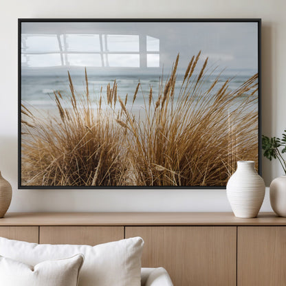 14270839-MGV-FP-60X30-3P_Black-Beach Grass Wall Art Canvas Print, Framed Coastal Dunes Art Picture Print, Dune Grass Perfect Coastal Minimalist Decor Artwork