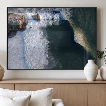 37405684-MGV-FP-36X24-3P_Black-Nazaré Coast Wall Art Canvas Print, Framed Aerial Ocean Art Picture Print, Coastal Fortress Perfect Dramatic Coastal Decor Artwork