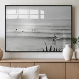 33821421-MGV-FP-60X30-3P_Black-Surfer Silhouette Wall Art Canvas Print, Framed Calm Ocean Art Picture Print, Monochrome Surf Perfect Minimalist Coastal Decor