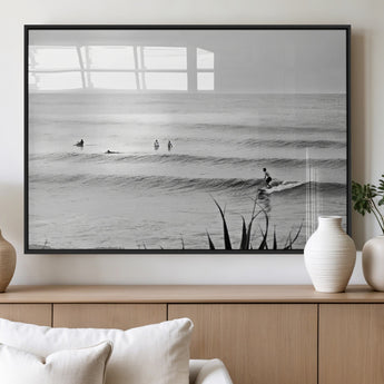 33821421-MGV-FP-60X30-3P_Black-Surfer Silhouette Wall Art Canvas Print, Framed Calm Ocean Art Picture Print, Monochrome Surf Perfect Minimalist Coastal Decor