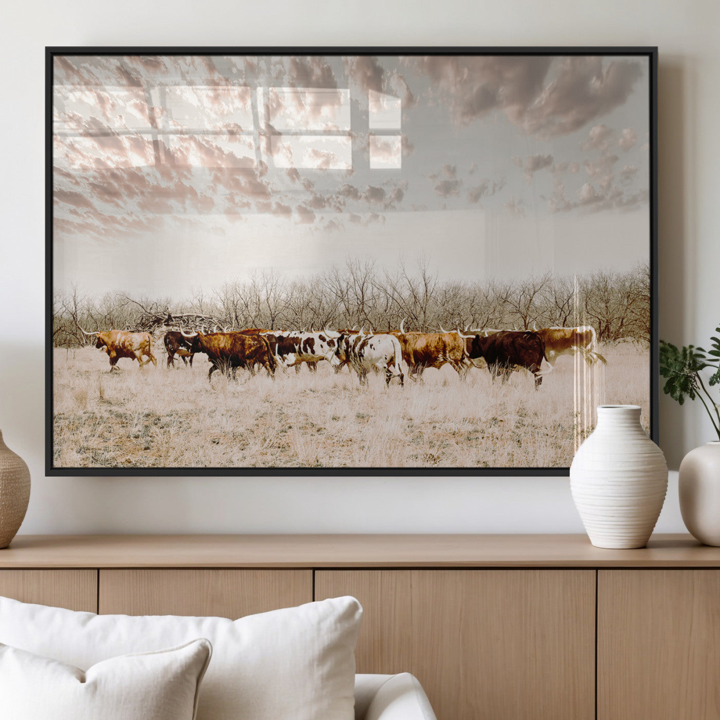 64892775-MGV-FP-36X24-3P_Black-Longhorn Cattle Wall Art Canvas Print, Framed Texas Ranch Art Picture Print, Western Cow Perfect Western Decor Artwork