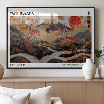 40959107-MGV-FP-36X24-3P_Black-Japanese Fuji Wall Art Print – Red Sun & Cherry Blossom Poster, Gold Wave Ukiyo-e Inspired Modern Japan Landscape Painting,