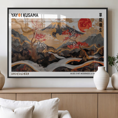 40959107-MGV-FP-36X24-3P_Black-Japanese Fuji Wall Art Print – Red Sun & Cherry Blossom Poster, Gold Wave Ukiyo-e Inspired Modern Japan Landscape Painting,