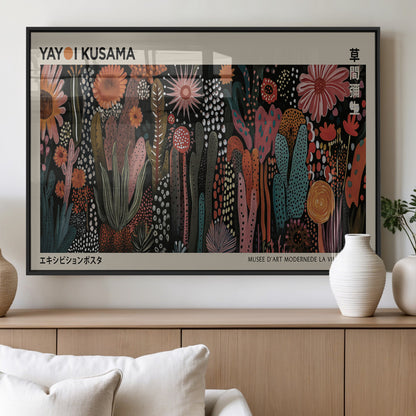 28344895-MGV-FP-36X24-3P_Black-Dark Floral Abstract Wall Art Poster – Modern Botanical Canvas Print with Beige Border, Kusama Inspired Boho Flower Painting,