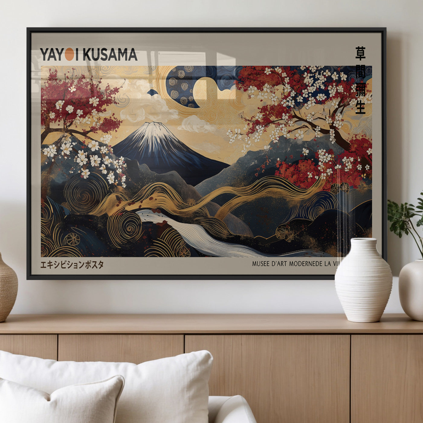 54967195-MGV-FP-36X24-3P_Black-Mount Fuji Wall Art – Japanese Cherry Blossom Abstract Canvas Print, Navy Gold Landscape Painting, Oriental Luxury Home Decor
