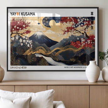 66243961-MGV-FP-36X24-3P_Black-Mount Fuji Japanese Wall Art – Golden Abstract Landscape Canvas Print, Cherry Blossom Painting, Modern Oriental Zen Home Decor