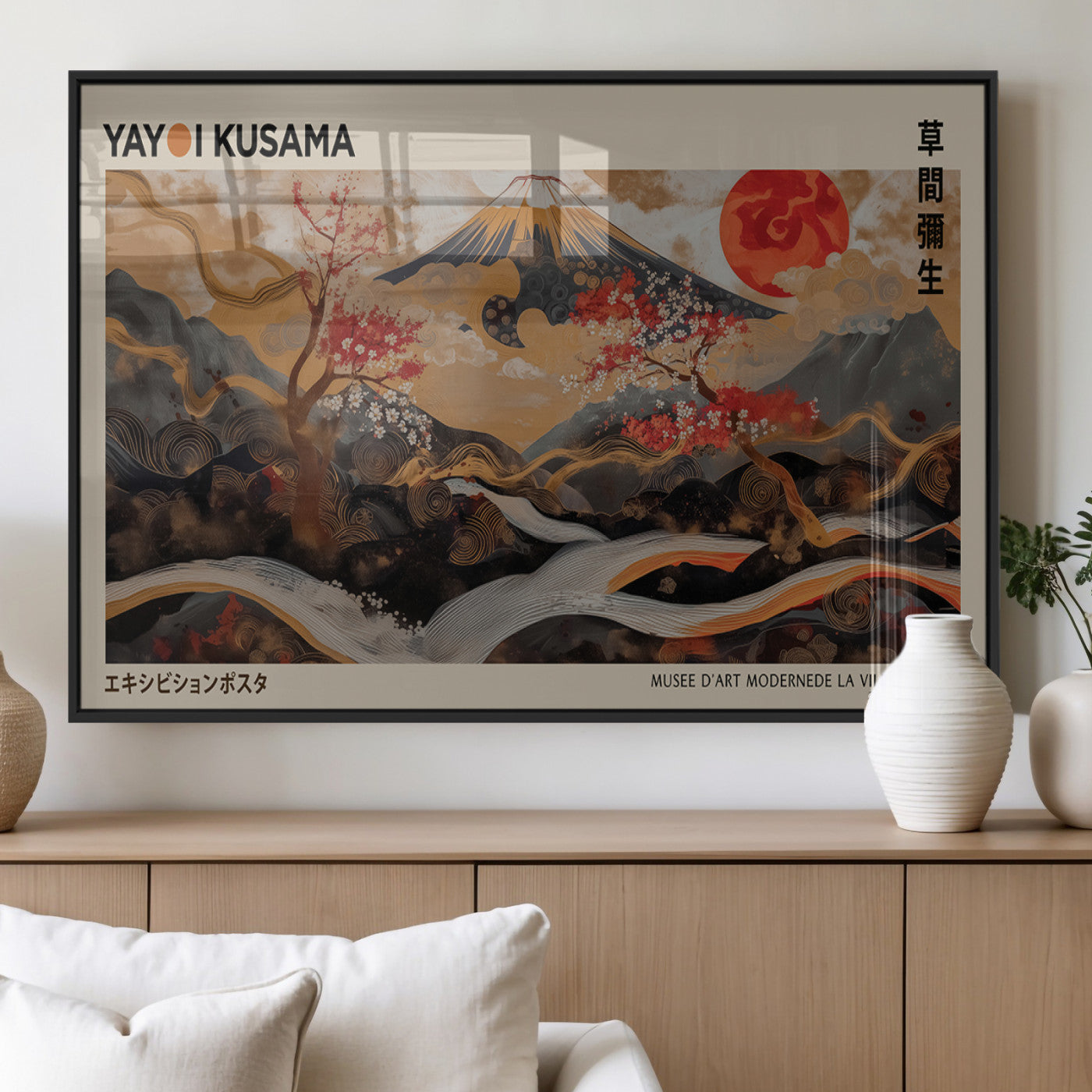 77970791-MGV-FP-36X24-3P_Black-Mount Fuji Golden Abstract Wall Art – Japanese Landscape Canvas Poster, Cherry Blossom & Red Sun Painting, Elegant Zen Oriental
