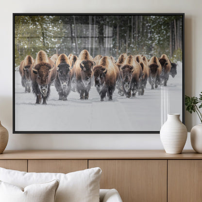 22695857-MGV-FP-36X24-3P_Black-Bison Herd Scene Wall Art Canvas Print, Framed Western Wildlife Art Picture Print, Rustic Animal Art Perfect Rustic Lodge Decor
