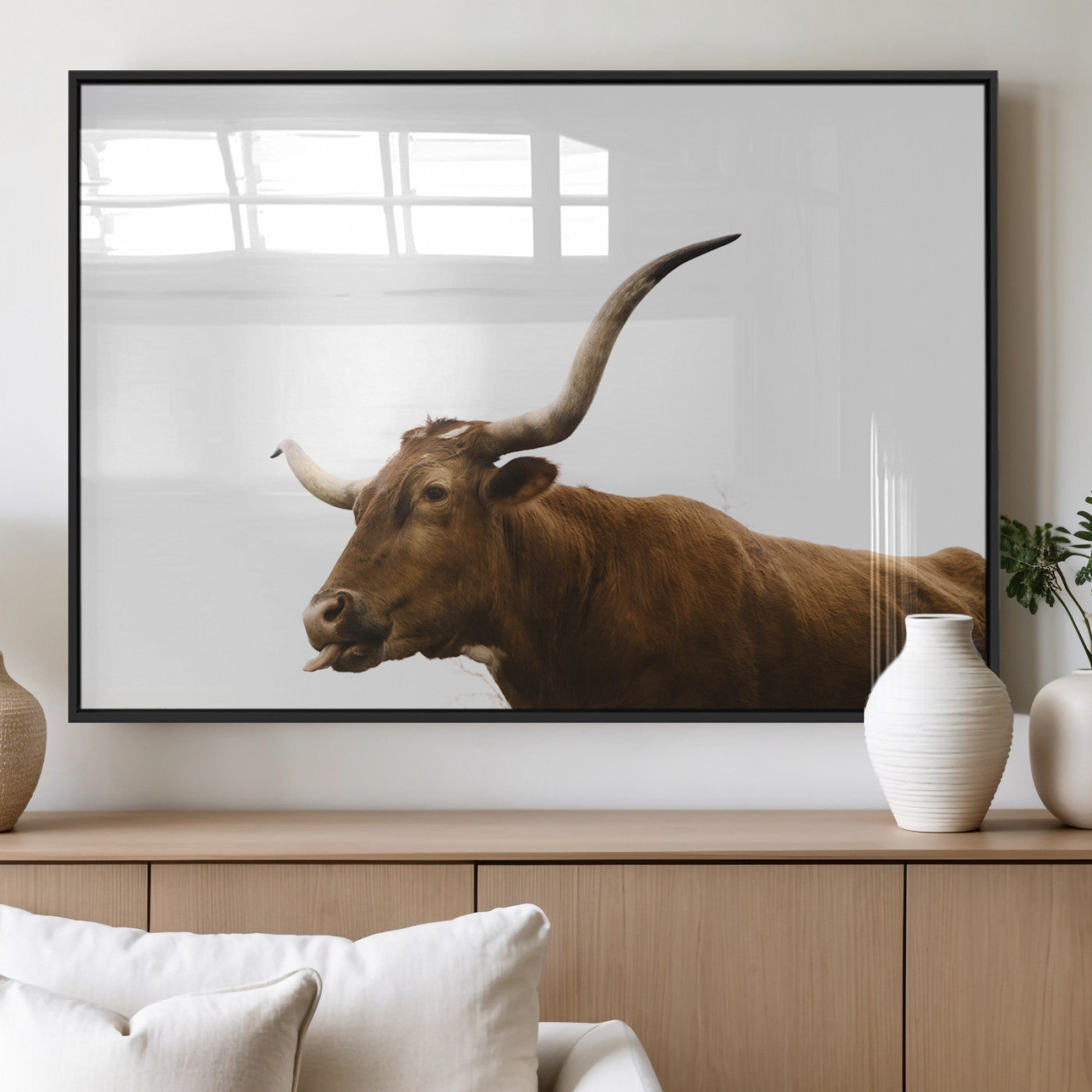 62566114-MGV-FP-36X24-3P_Black-Longhorn Cow Art Wall Art Canvas Print, Framed Rustic Animal Decor Art Picture Print, Texas Bull Photo Perfect Rustic Farmhouse