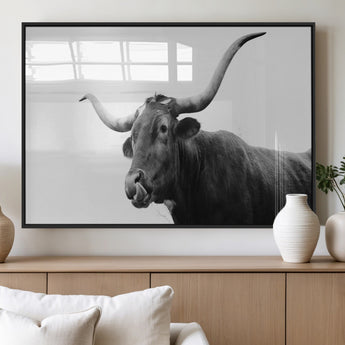 99244177-MGV-FP-36X24-3P_Black-Longhorn Photography Wall Art Canvas Print, Framed Western Cow Decor Art Picture Print, Black White Bull Perfect Modern Rustic