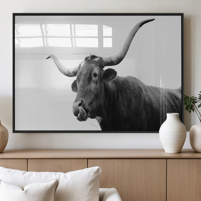 99244177-MGV-FP-36X24-3P_Black-Longhorn Photography Wall Art Canvas Print, Framed Western Cow Decor Art Picture Print, Black White Bull Perfect Modern Rustic