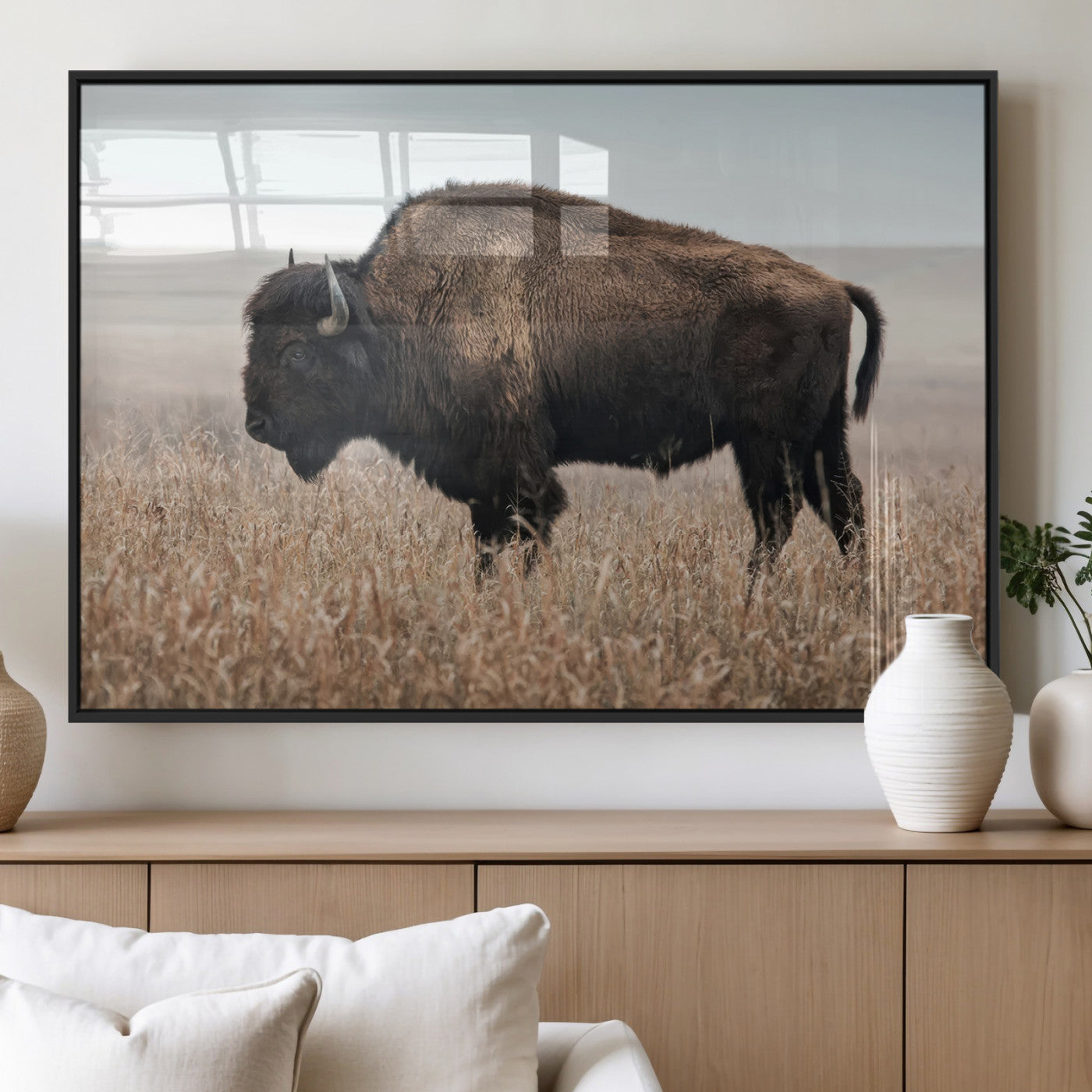34451925-MGV-FP-36X24-3P_Black-Rustic Bison Decor Wall Art Canvas Print, Framed Buffalo Home Accent Art Picture Print, Prairie Wildlife Scene Perfect Western