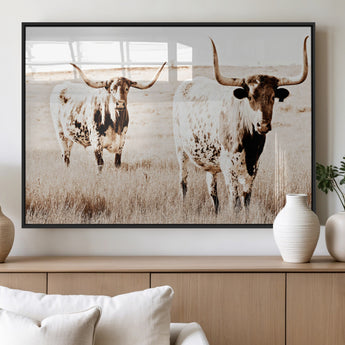 39672786-MGV-FP-60X30-3P_Black-Rustic Cow Scene Wall Art Canvas Print, Framed Farmhouse Style Cattle Art Picture Print, Prairie Animal Duo Perfect Rustic Western