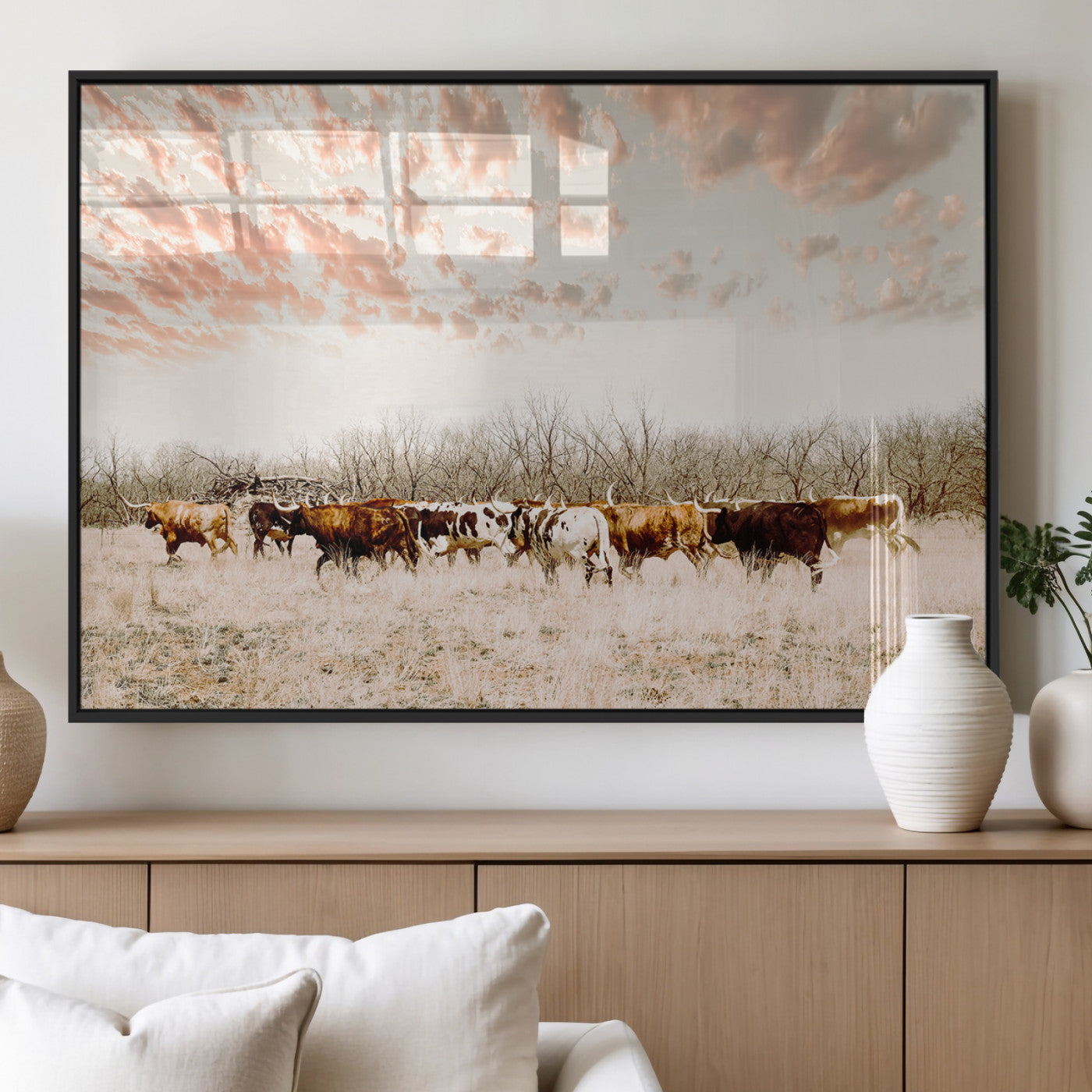 43704663-MGV-FP-60X30-3P_Black-Country Cow Herd Wall Art Canvas Print, Framed Farmhouse Cattle Scene Art Picture Print, Rustic Ranch Decor Perfect Rustic