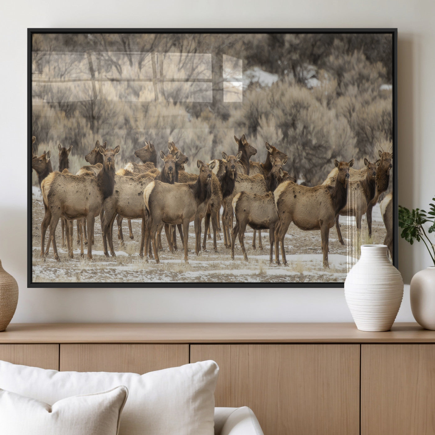 90269422-MGV-FP-36X24-3P_Black-Elk Herd Scene Wall Art Canvas Print, Framed Rustic Wildlife Decor Art Picture Print, Western Cabin Style Perfect Rustic Lodge