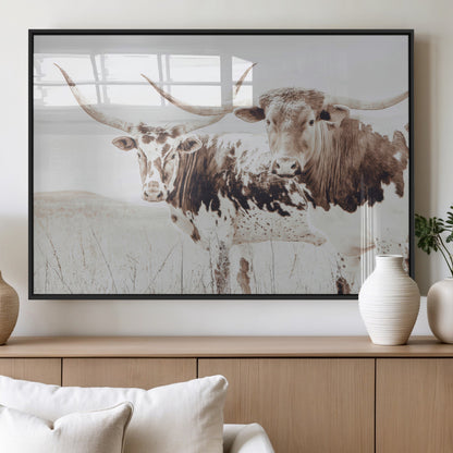 48161868-MGV-FP-60X30-3P_Black-Longhorn Cow Decor Wall Art Canvas Print, Framed Rustic Cattle Art Picture Print, Sepia Western Vibe Perfect Neutral Rustic